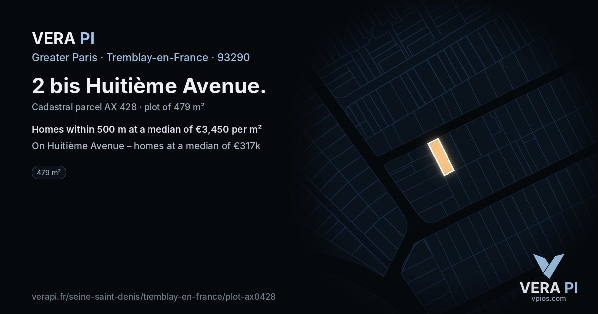 2 bis Huitième Avenue, Tremblay-en-France at night – the plot lit, the parcels around coloured by the prices near them