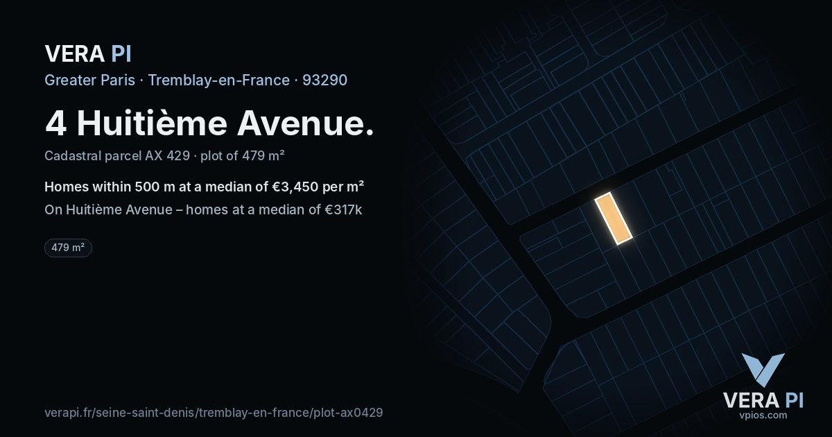 4 Huitième Avenue, Tremblay-en-France at night – the plot lit, the parcels around coloured by the prices near them