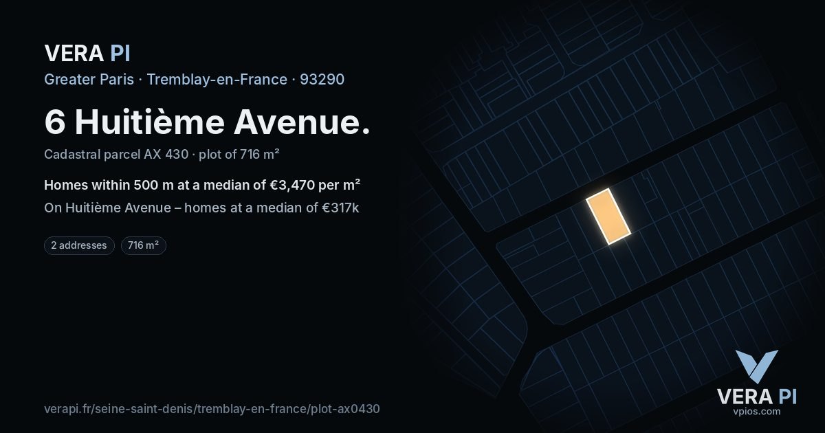 6 Huitième Avenue, Tremblay-en-France at night – the plot lit, the parcels around coloured by the prices near them