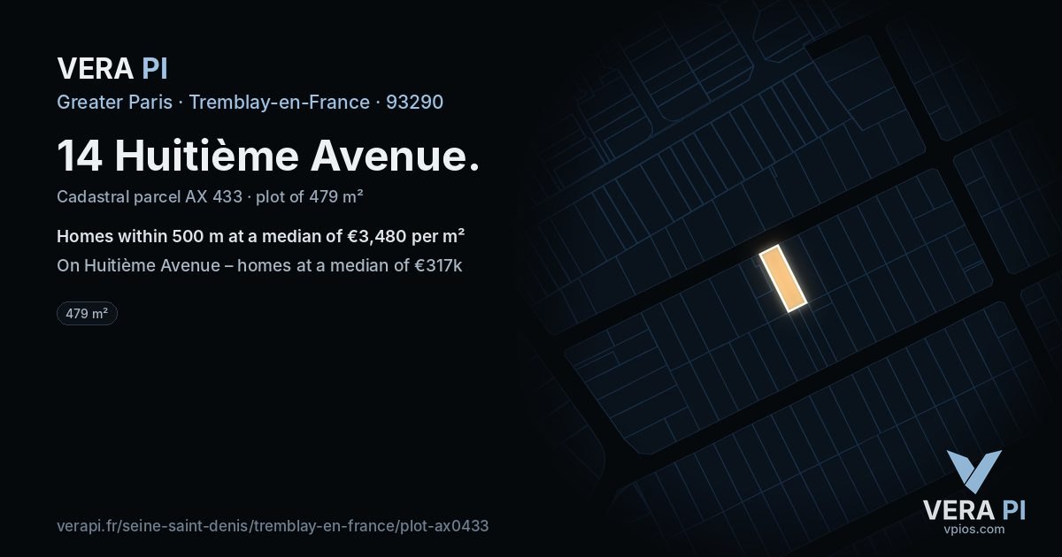 14 Huitième Avenue, Tremblay-en-France at night – the plot lit, the parcels around coloured by the prices near them