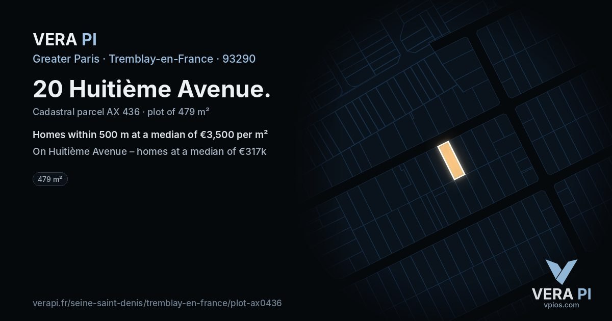 20 Huitième Avenue, Tremblay-en-France at night – the plot lit, the parcels around coloured by the prices near them
