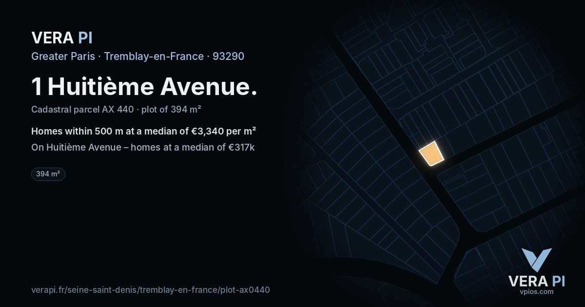 1 Huitième Avenue, Tremblay-en-France at night – the plot lit, the parcels around coloured by the prices near them