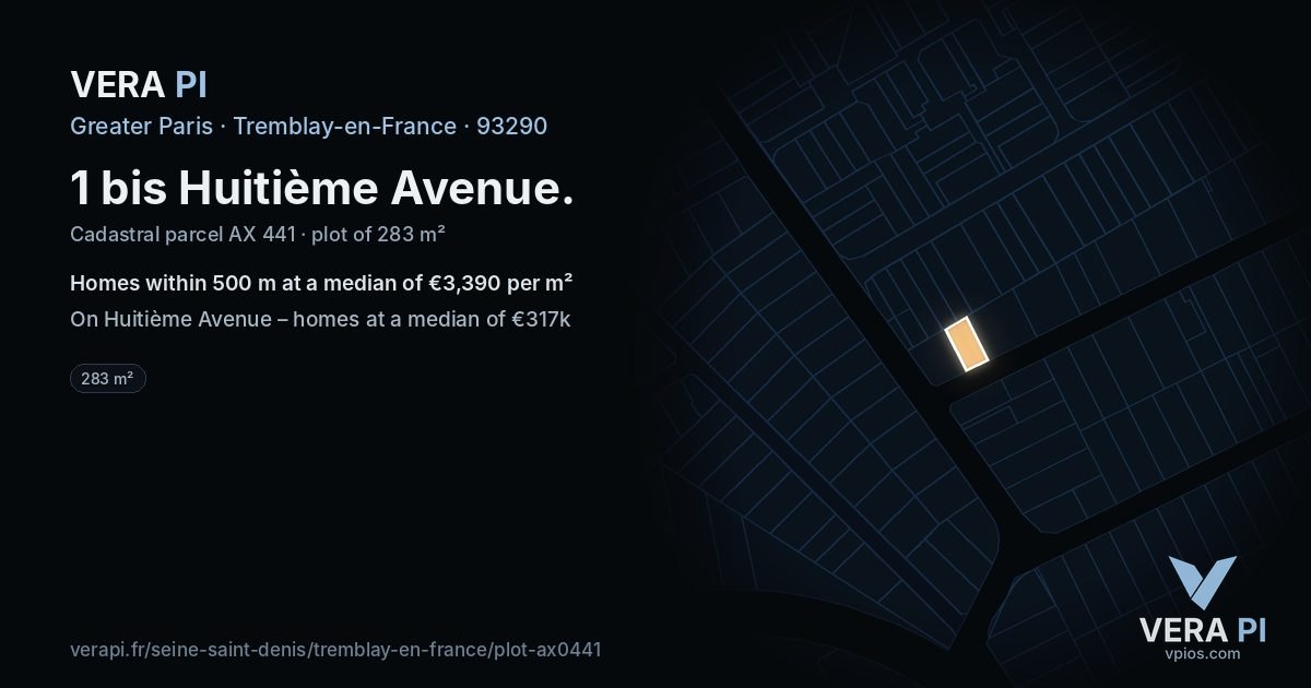 1 bis Huitième Avenue, Tremblay-en-France at night – the plot lit, the parcels around coloured by the prices near them