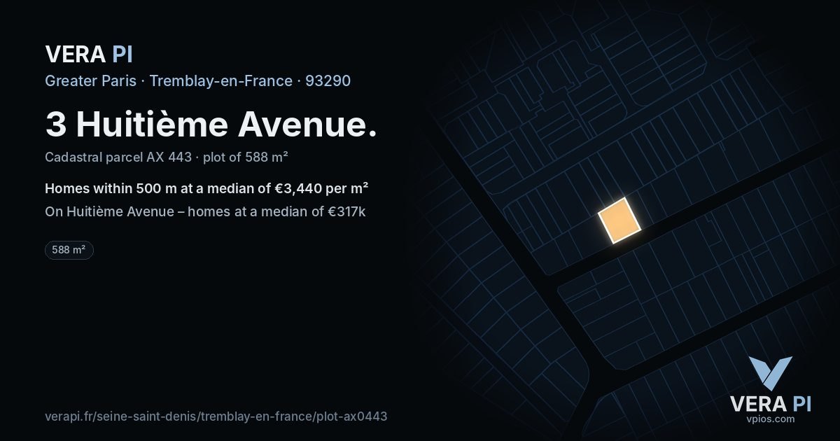 3 Huitième Avenue, Tremblay-en-France at night – the plot lit, the parcels around coloured by the prices near them