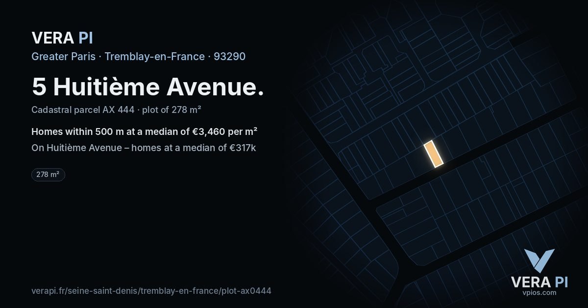 5 Huitième Avenue, Tremblay-en-France at night – the plot lit, the parcels around coloured by the prices near them