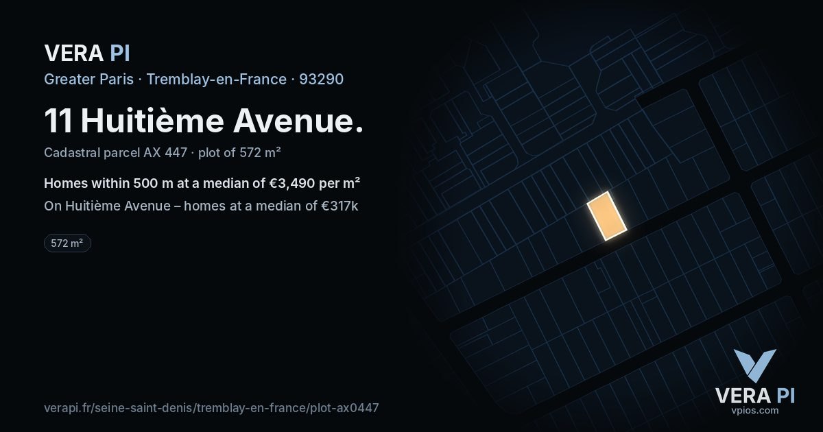 11 Huitième Avenue, Tremblay-en-France at night – the plot lit, the parcels around coloured by the prices near them