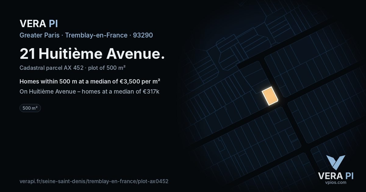 21 Huitième Avenue, Tremblay-en-France at night – the plot lit, the parcels around coloured by the prices near them