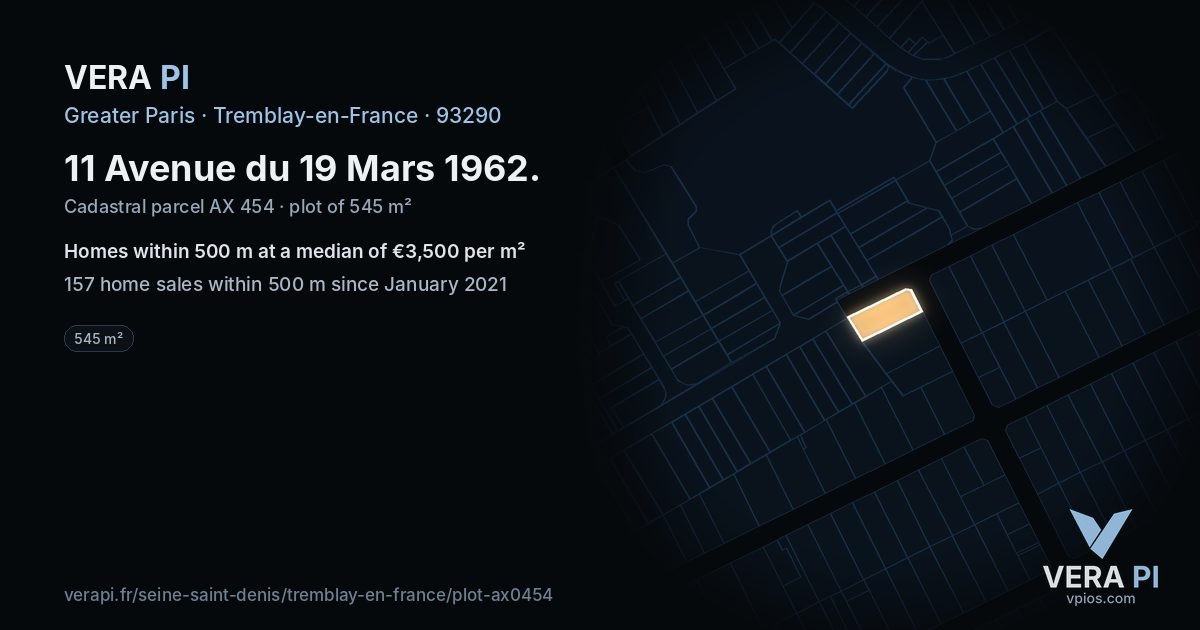 11 Avenue du 19 Mars 1962, Tremblay-en-France at night – the plot lit, the parcels around coloured by the prices near them
