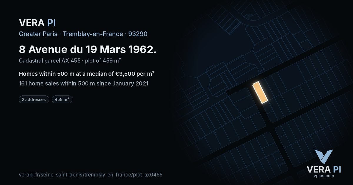 8 Avenue du 19 Mars 1962, Tremblay-en-France at night – the plot lit, the parcels around coloured by the prices near them