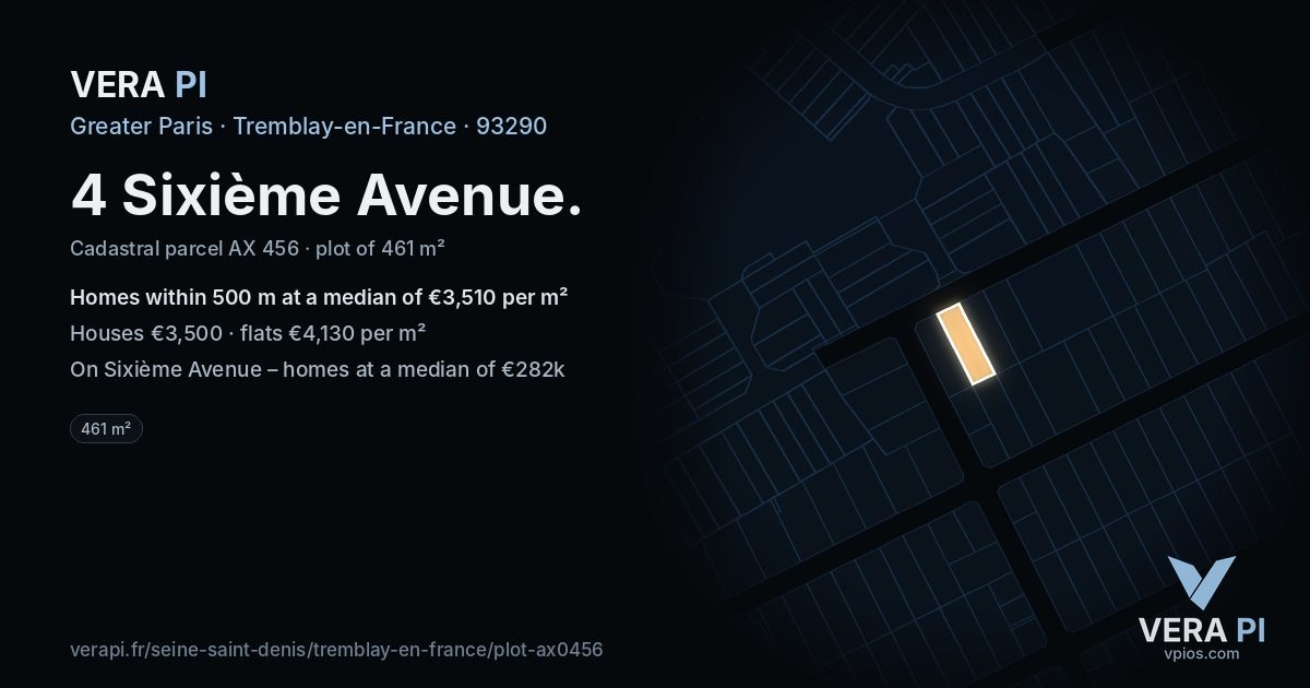 4 Sixième Avenue, Tremblay-en-France at night – the plot lit, the parcels around coloured by the prices near them
