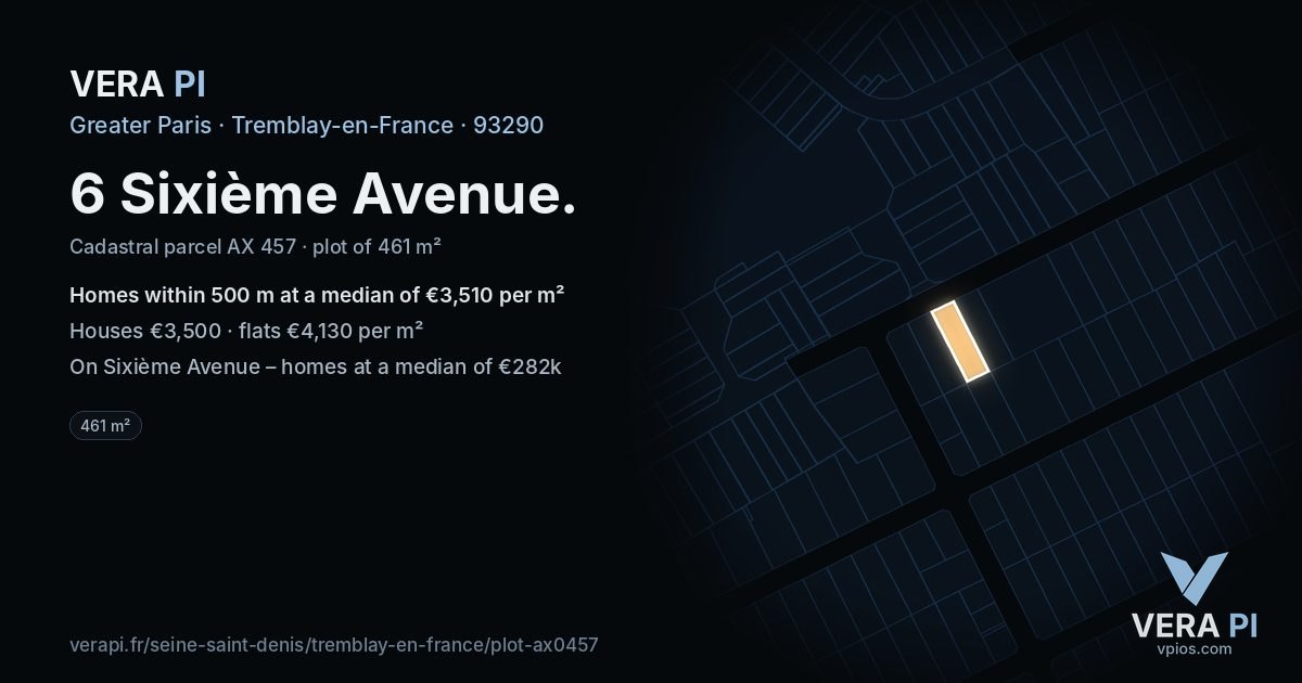 6 Sixième Avenue, Tremblay-en-France at night – the plot lit, the parcels around coloured by the prices near them
