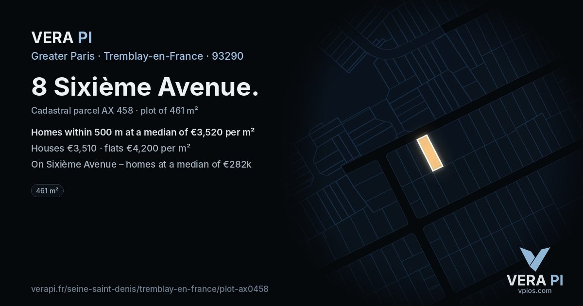 8 Sixième Avenue, Tremblay-en-France at night – the plot lit, the parcels around coloured by the prices near them