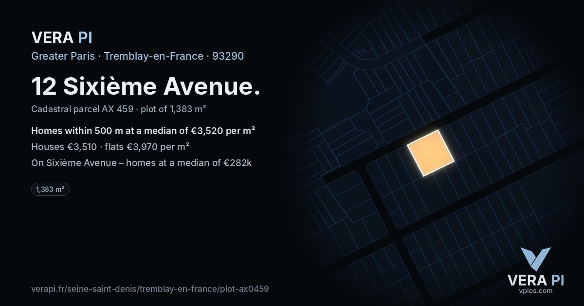 12 Sixième Avenue, Tremblay-en-France at night – the plot lit, the parcels around coloured by the prices near them