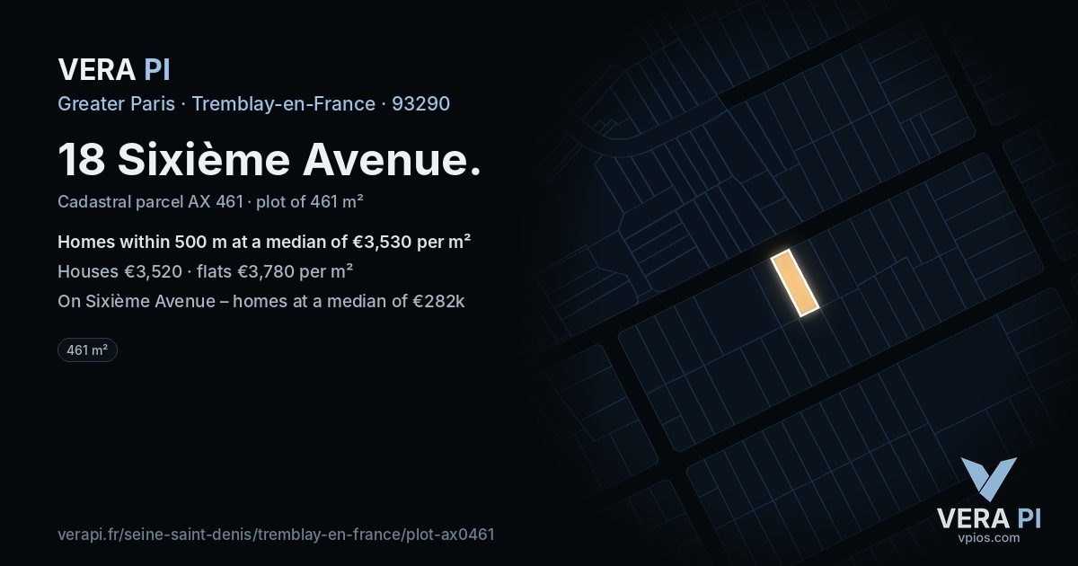 18 Sixième Avenue, Tremblay-en-France at night – the plot lit, the parcels around coloured by the prices near them