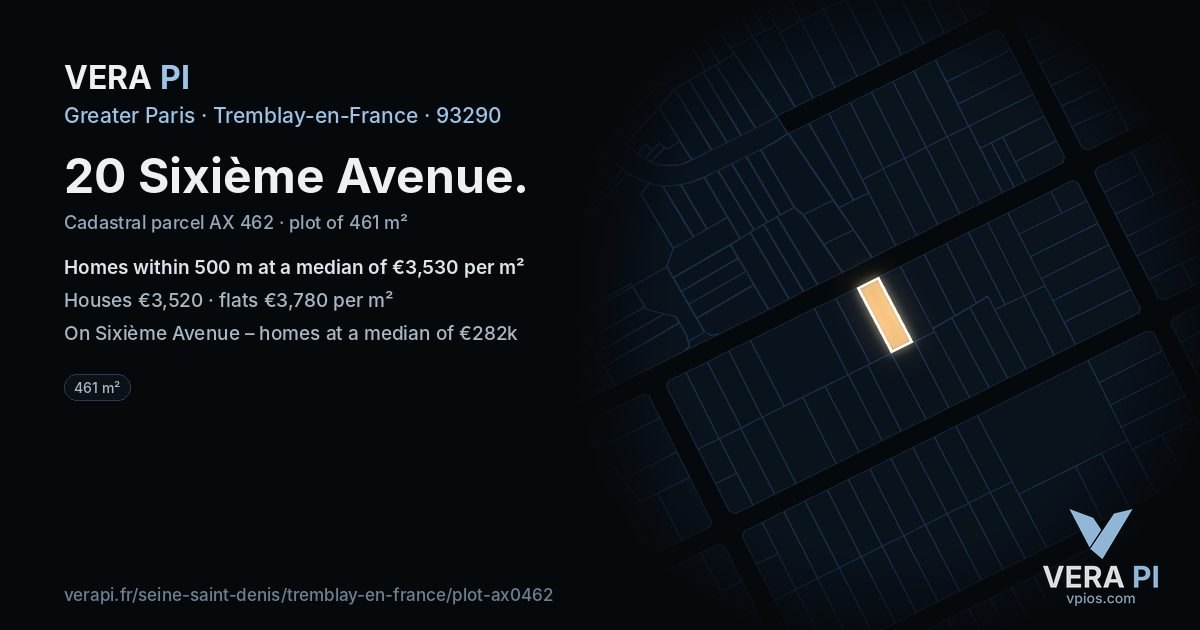 20 Sixième Avenue, Tremblay-en-France at night – the plot lit, the parcels around coloured by the prices near them