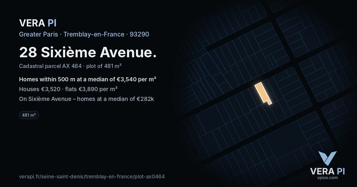 28 Sixième Avenue, Tremblay-en-France at night – the plot lit, the parcels around coloured by the prices near them