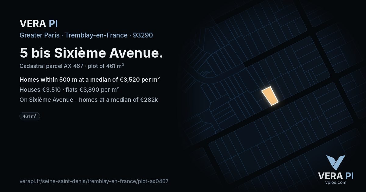 5 bis Sixième Avenue, Tremblay-en-France at night – the plot lit, the parcels around coloured by the prices near them