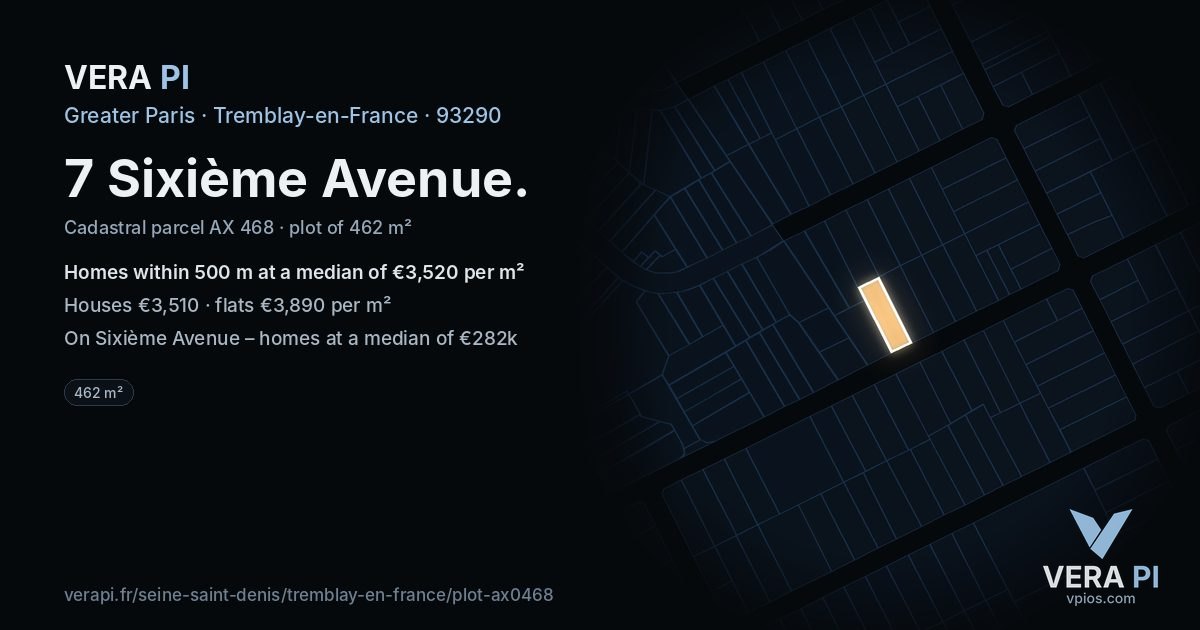 7 Sixième Avenue, Tremblay-en-France at night – the plot lit, the parcels around coloured by the prices near them