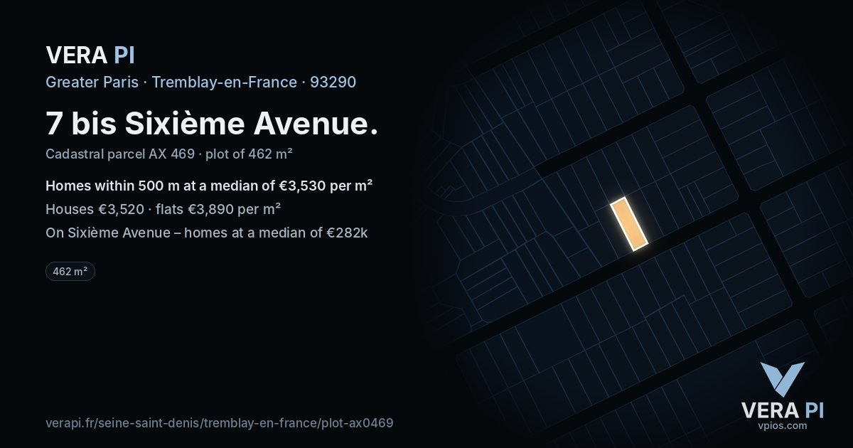7 bis Sixième Avenue, Tremblay-en-France at night – the plot lit, the parcels around coloured by the prices near them