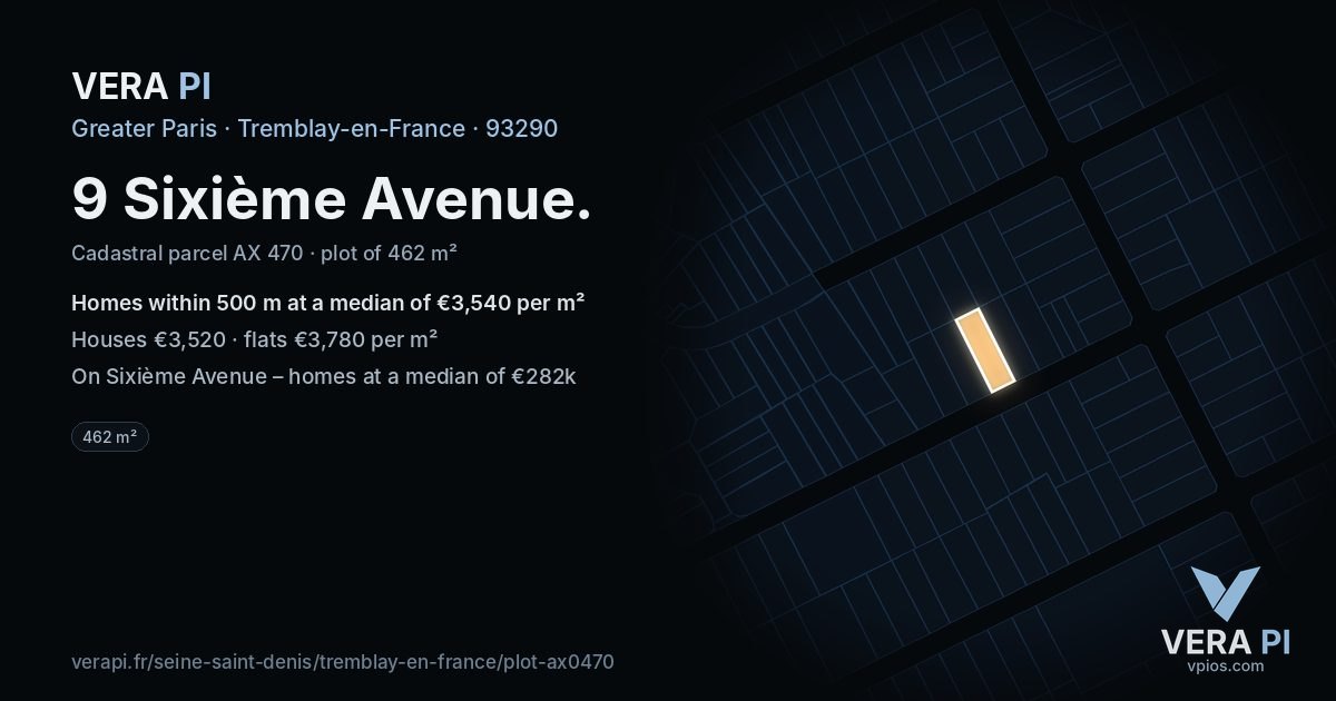 9 Sixième Avenue, Tremblay-en-France at night – the plot lit, the parcels around coloured by the prices near them