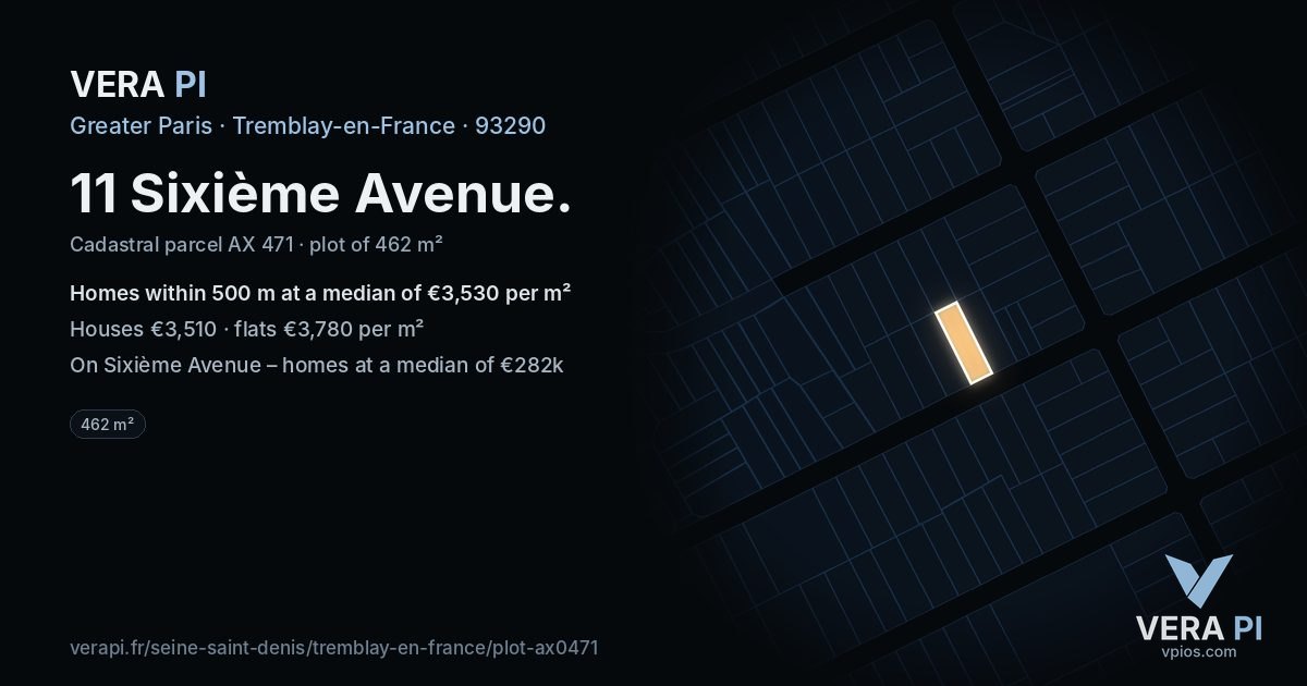 11 Sixième Avenue, Tremblay-en-France at night – the plot lit, the parcels around coloured by the prices near them