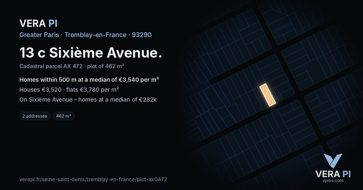 13 c Sixième Avenue, Tremblay-en-France at night – the plot lit, the parcels around coloured by the prices near them