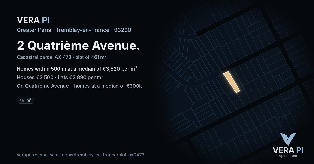 2 Quatrième Avenue, Tremblay-en-France at night – the plot lit, the parcels around coloured by the prices near them