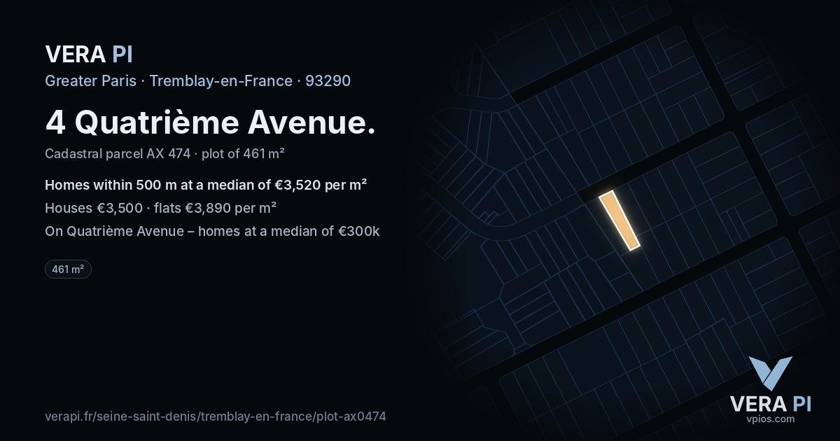 4 Quatrième Avenue, Tremblay-en-France at night – the plot lit, the parcels around coloured by the prices near them