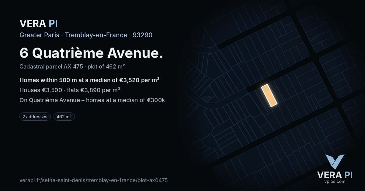 6 Quatrième Avenue, Tremblay-en-France at night – the plot lit, the parcels around coloured by the prices near them