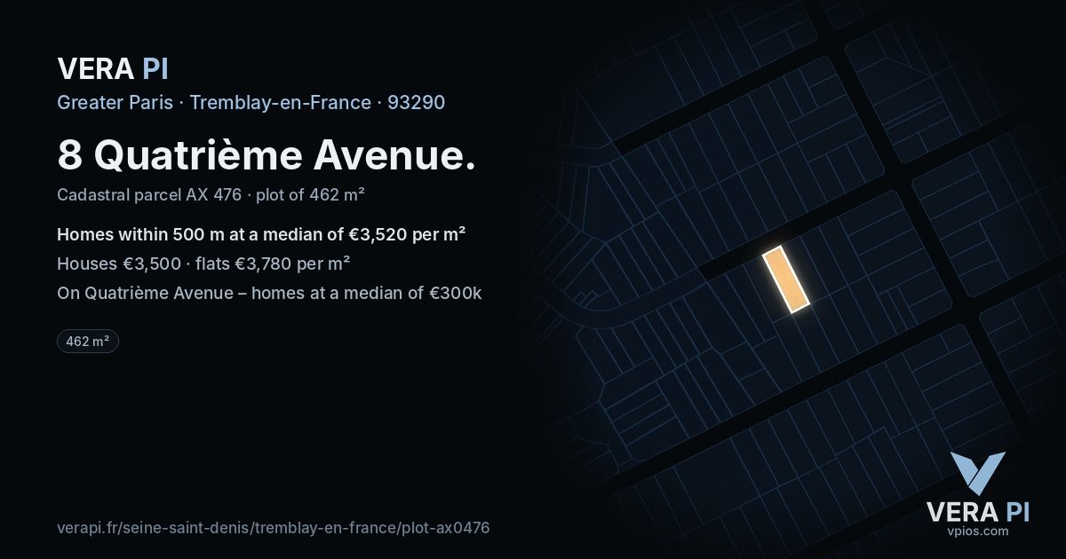 8 Quatrième Avenue, Tremblay-en-France at night – the plot lit, the parcels around coloured by the prices near them