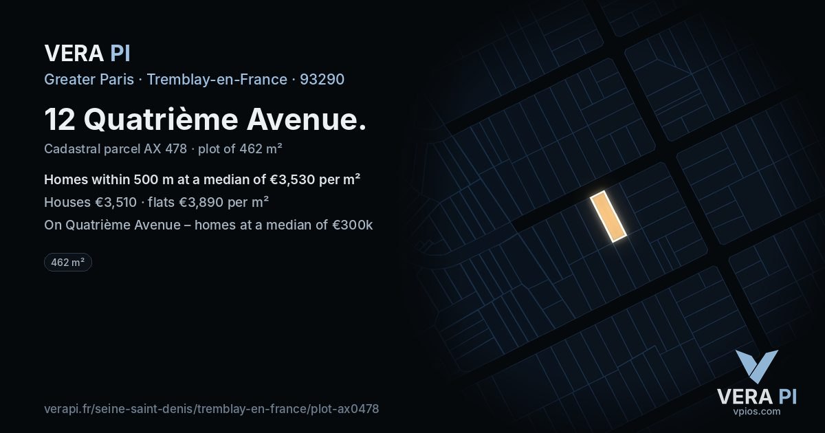 12 Quatrième Avenue, Tremblay-en-France at night – the plot lit, the parcels around coloured by the prices near them