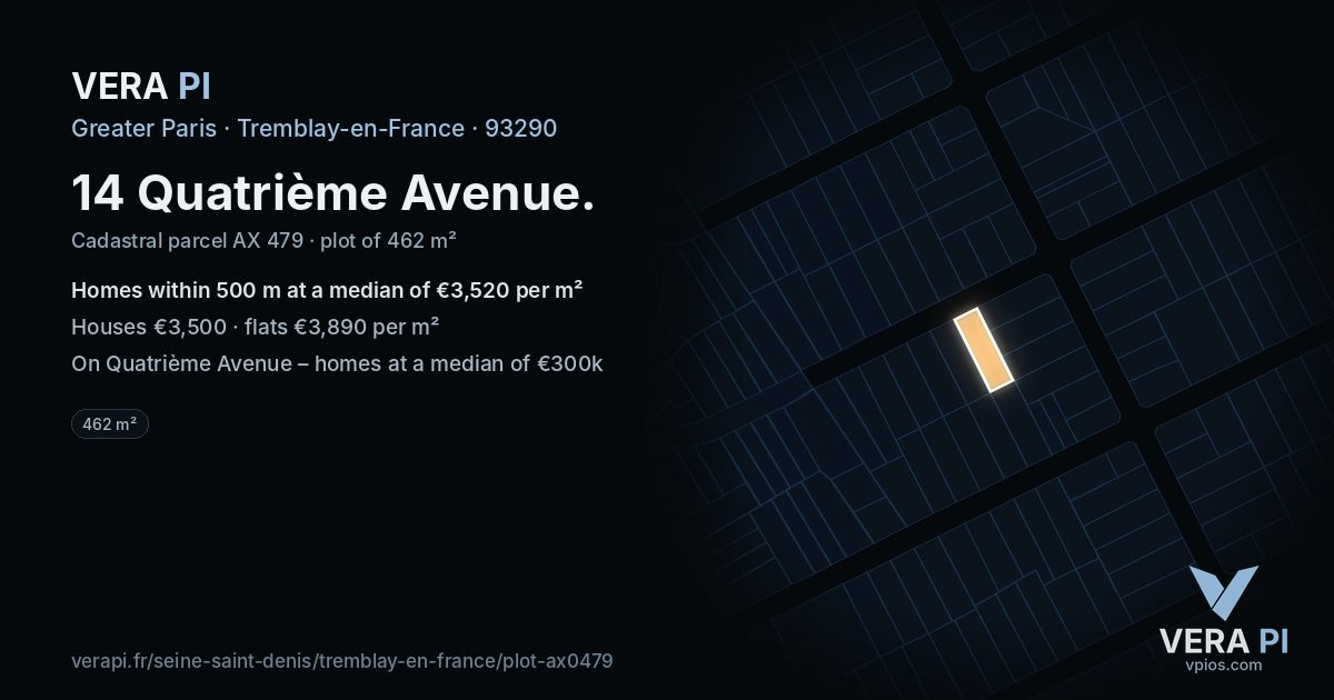 14 Quatrième Avenue, Tremblay-en-France at night – the plot lit, the parcels around coloured by the prices near them