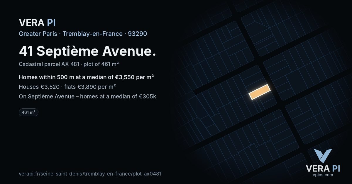 41 Septième Avenue, Tremblay-en-France at night – the plot lit, the parcels around coloured by the prices near them