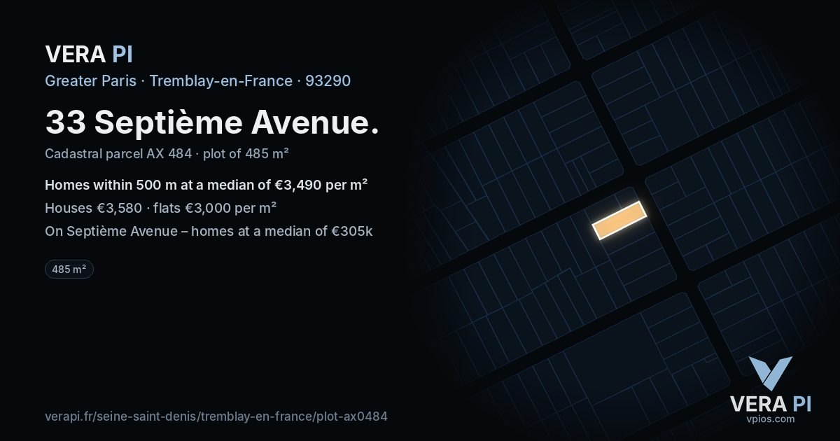 33 Septième Avenue, Tremblay-en-France at night – the plot lit, the parcels around coloured by the prices near them
