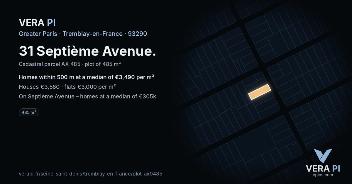 31 Septième Avenue, Tremblay-en-France at night – the plot lit, the parcels around coloured by the prices near them