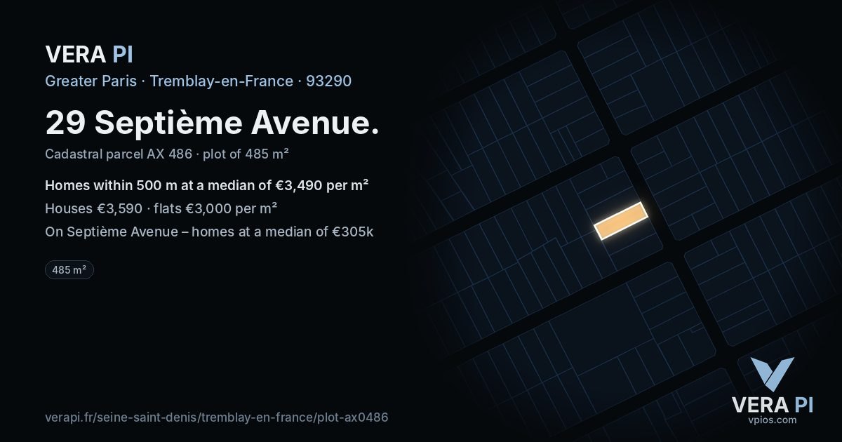 29 Septième Avenue, Tremblay-en-France at night – the plot lit, the parcels around coloured by the prices near them