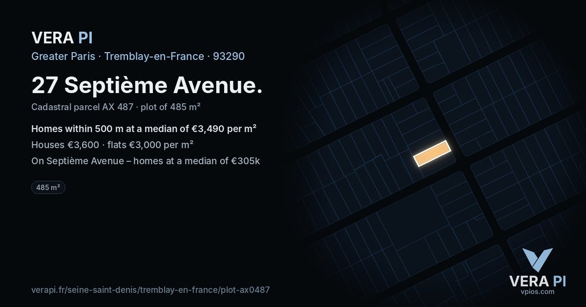 27 Septième Avenue, Tremblay-en-France at night – the plot lit, the parcels around coloured by the prices near them