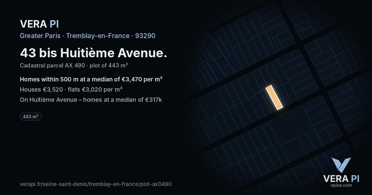 43 bis Huitième Avenue, Tremblay-en-France at night – the plot lit, the parcels around coloured by the prices near them