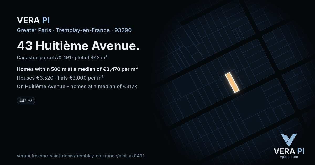 43 Huitième Avenue, Tremblay-en-France at night – the plot lit, the parcels around coloured by the prices near them