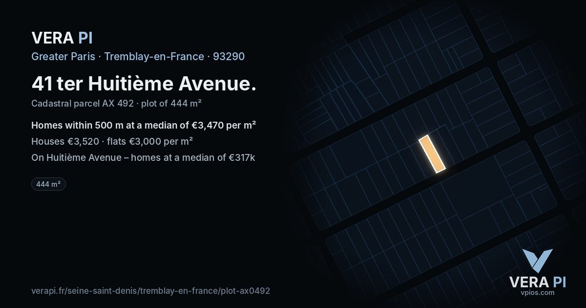 41 ter Huitième Avenue, Tremblay-en-France at night – the plot lit, the parcels around coloured by the prices near them