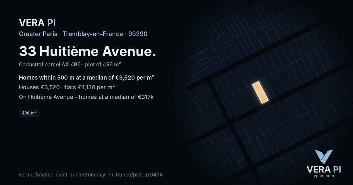 33 Huitième Avenue, Tremblay-en-France at night – the plot lit, the parcels around coloured by the prices near them