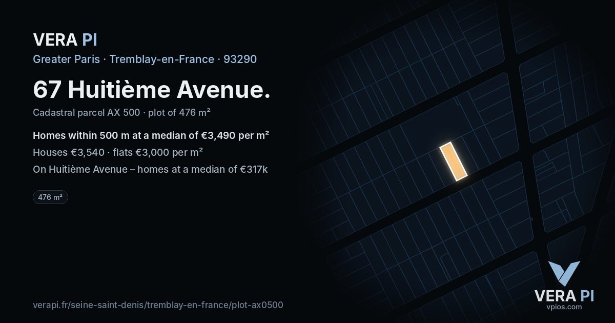 67 Huitième Avenue, Tremblay-en-France at night – the plot lit, the parcels around coloured by the prices near them