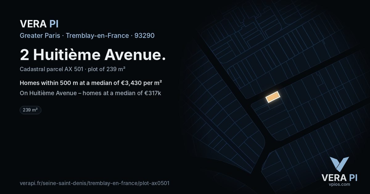 2 Huitième Avenue, Tremblay-en-France at night – the plot lit, the parcels around coloured by the prices near them