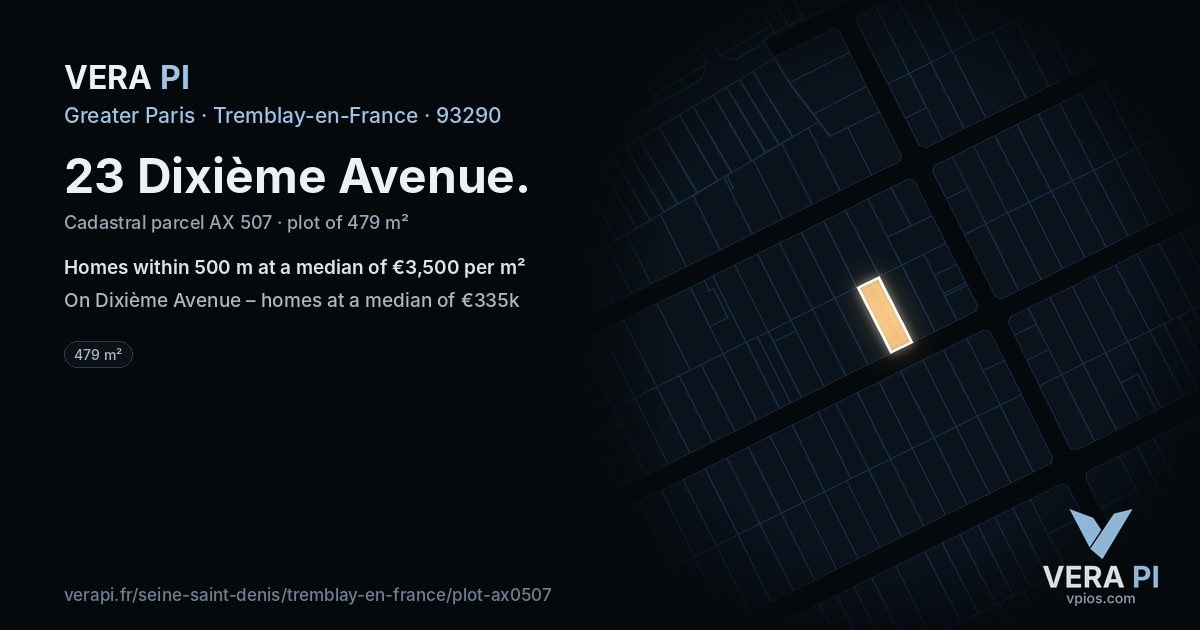 23 Dixième Avenue, Tremblay-en-France at night – the plot lit, the parcels around coloured by the prices near them