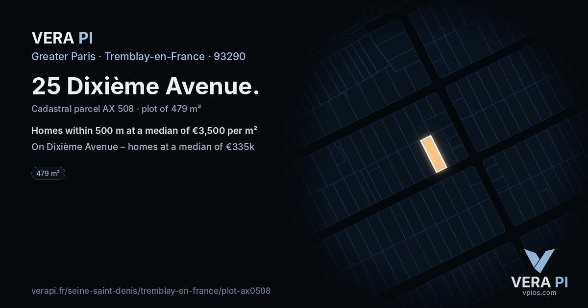 25 Dixième Avenue, Tremblay-en-France at night – the plot lit, the parcels around coloured by the prices near them
