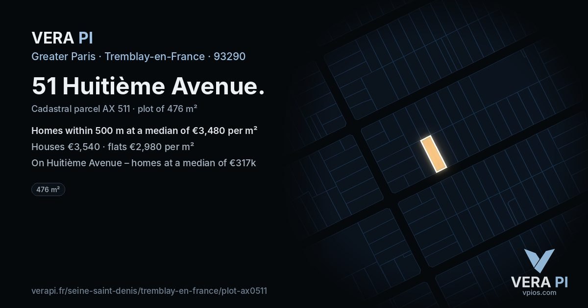 51 Huitième Avenue, Tremblay-en-France at night – the plot lit, the parcels around coloured by the prices near them