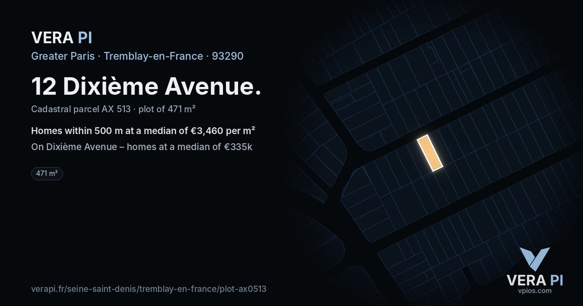 12 Dixième Avenue, Tremblay-en-France at night – the plot lit, the parcels around coloured by the prices near them