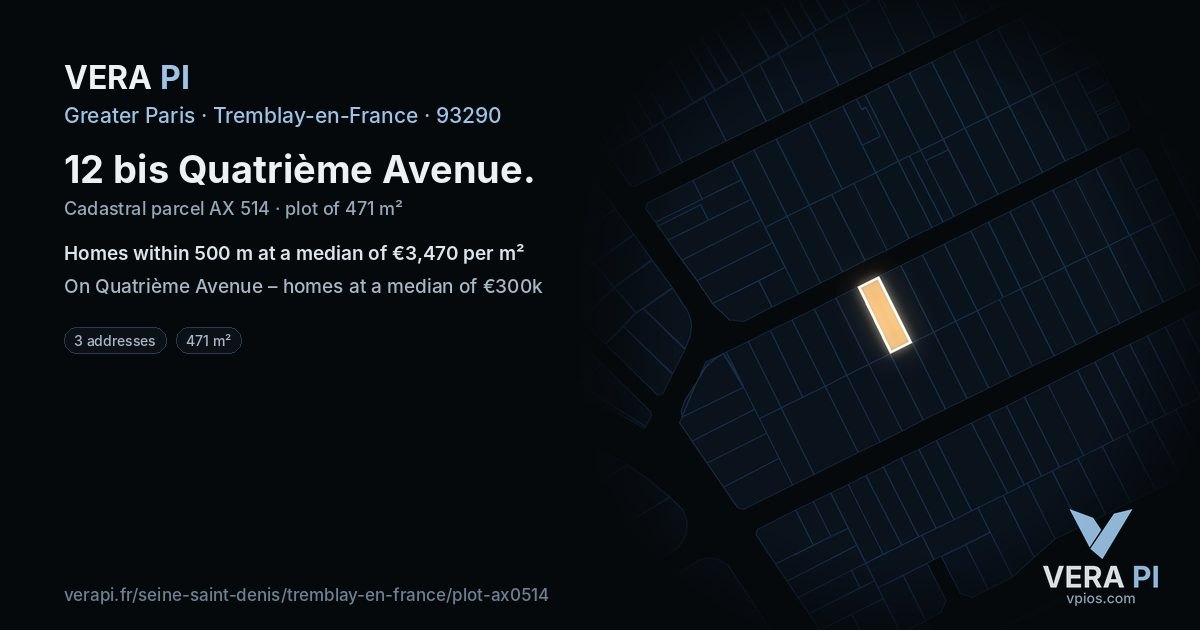 12 bis Quatrième Avenue, Tremblay-en-France at night – the plot lit, the parcels around coloured by the prices near them