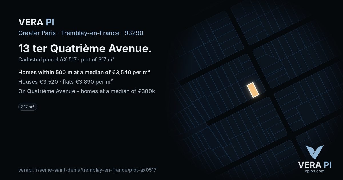 13 ter Quatrième Avenue, Tremblay-en-France at night – the plot lit, the parcels around coloured by the prices near them