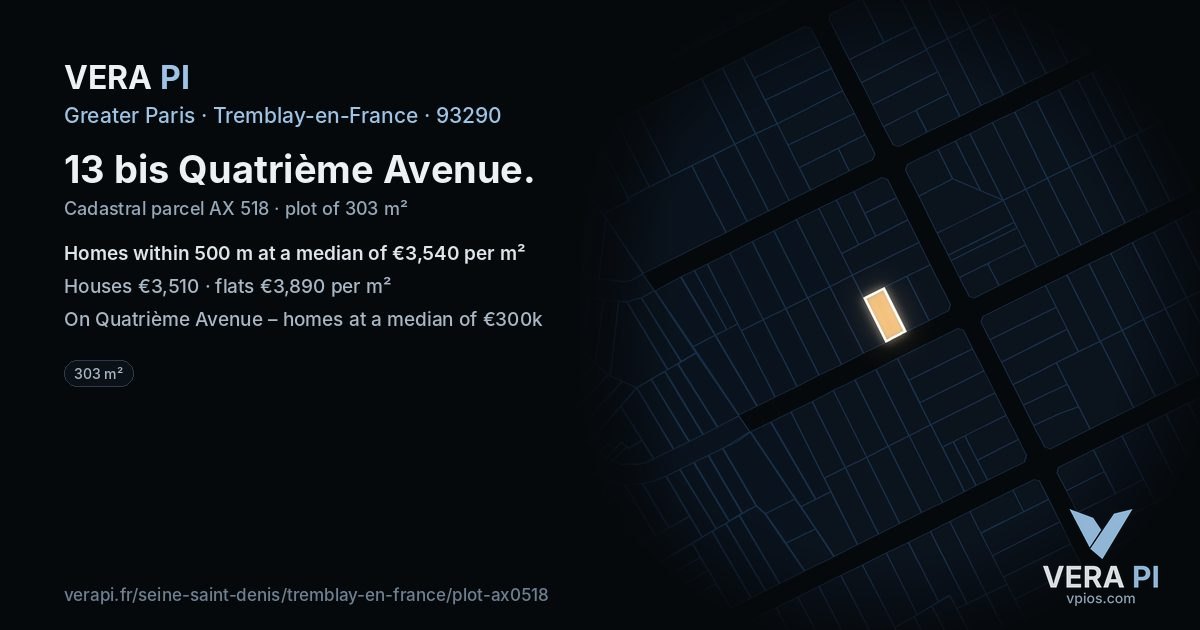 13 bis Quatrième Avenue, Tremblay-en-France at night – the plot lit, the parcels around coloured by the prices near them